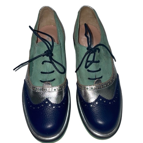 POLLINI Lace-up Leather Blue Green Silver Loafers Size 7 - Picture 7 of 7